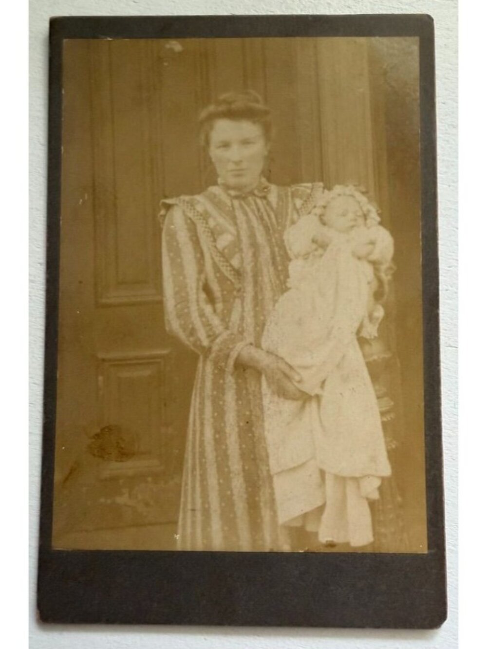 Vtg 19th Century Photograph Cabinet Card Mother/Baby Striped Dress Ghost Image